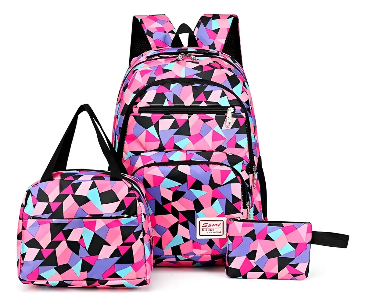 3 Peças Mochila Bolsas E Estojo Casual Dia A Dia Juvenil Cor Roxo