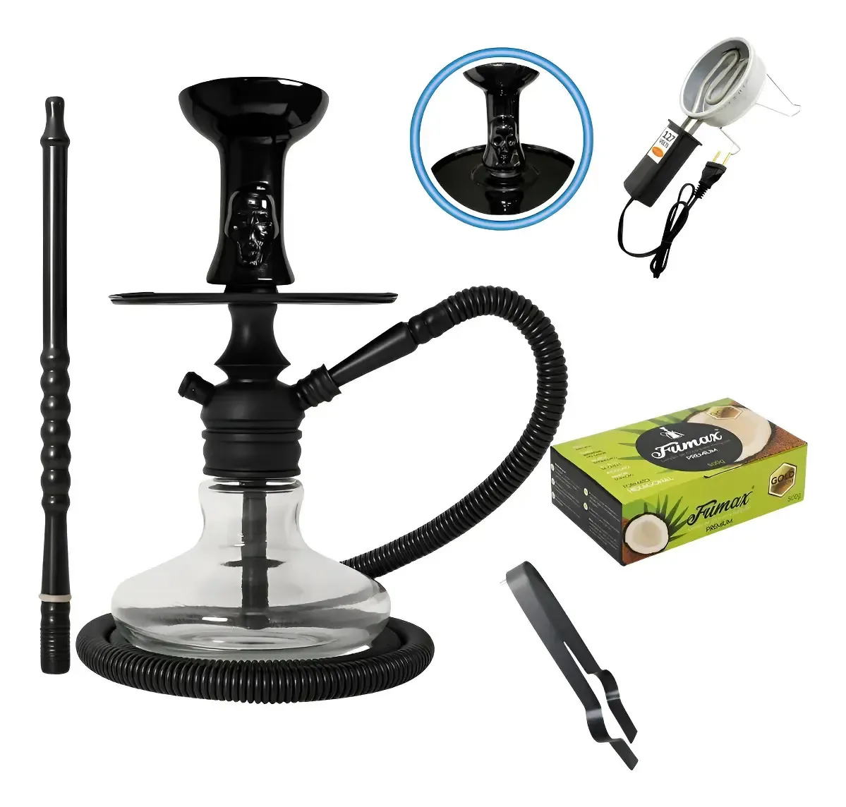 Narguile Completo Carvão Pegador Fogareiro Cores Kit Preto