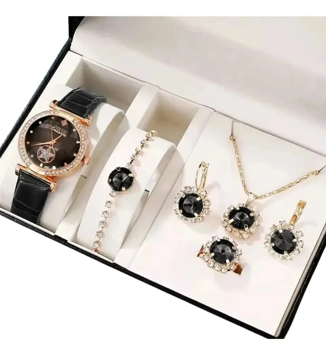 Kit Relógio Feminino Bracelete Colar Anel E Brinco Mulheres - Preto - Preto - Preto