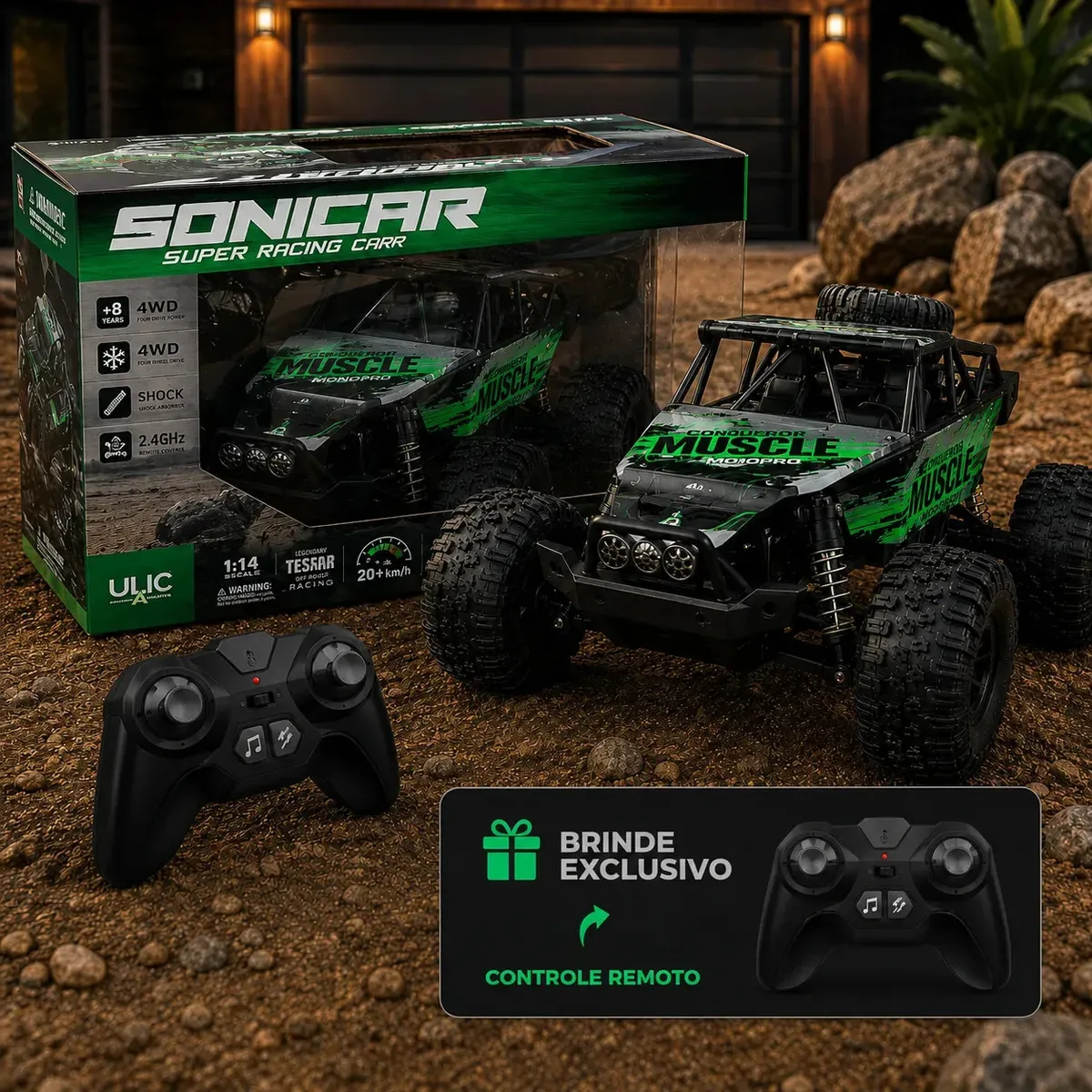 Carrinho Controle Remoto 4x4 Conqueror Muscle 1:12 Buggy Off Road Bateria Verde Ligeiro