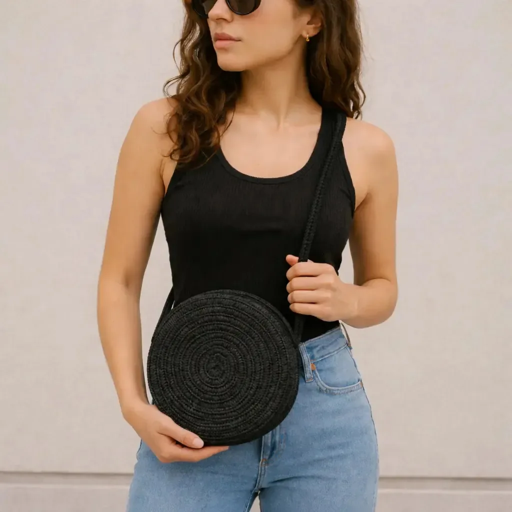 Bolsa Feminina Transversal Redonda Palha Casual Verão Festa Preto Trançado Palha Dourado