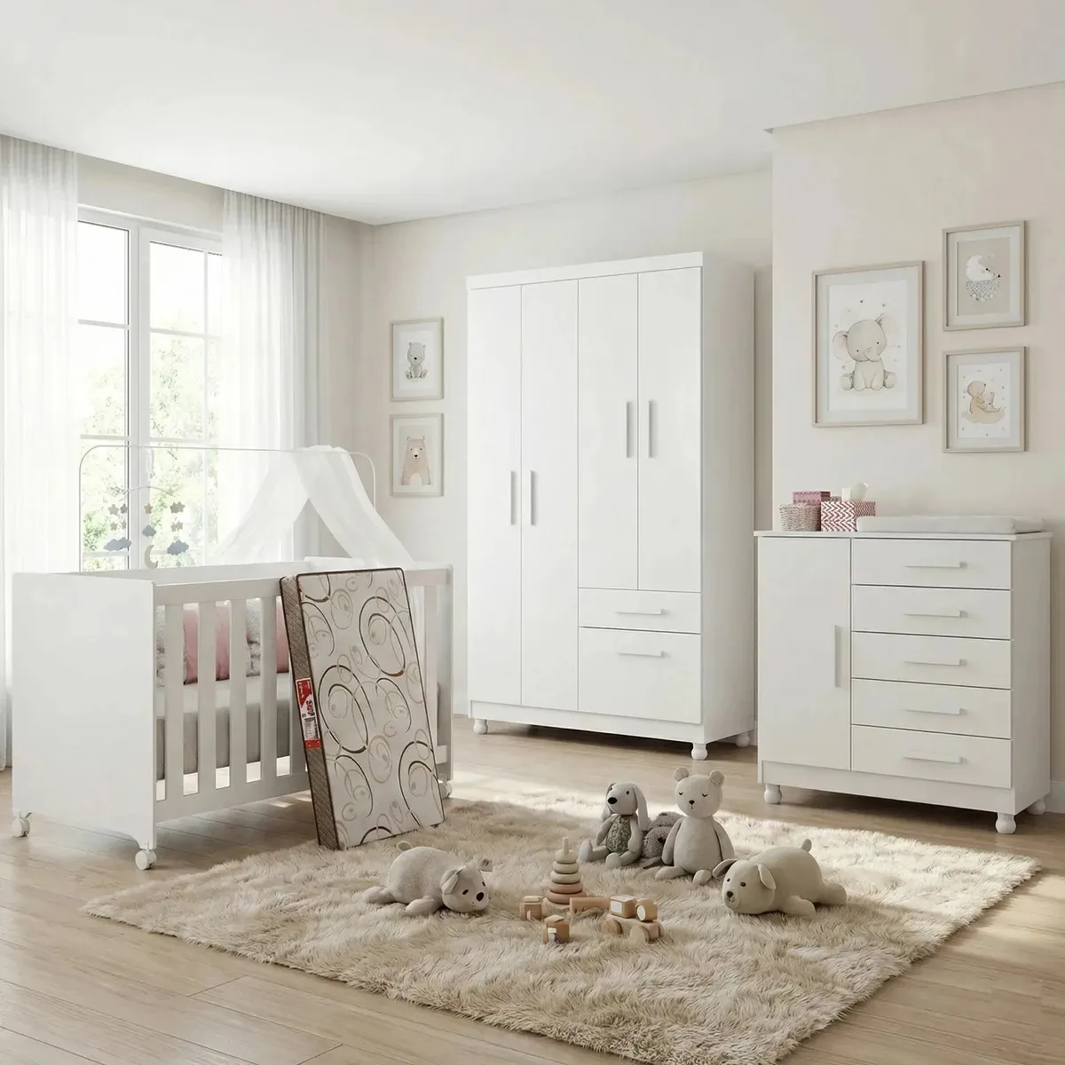 Jogo Quarto Bebê Berço Americano Guarda Roupa Cômoda Colchão Branco