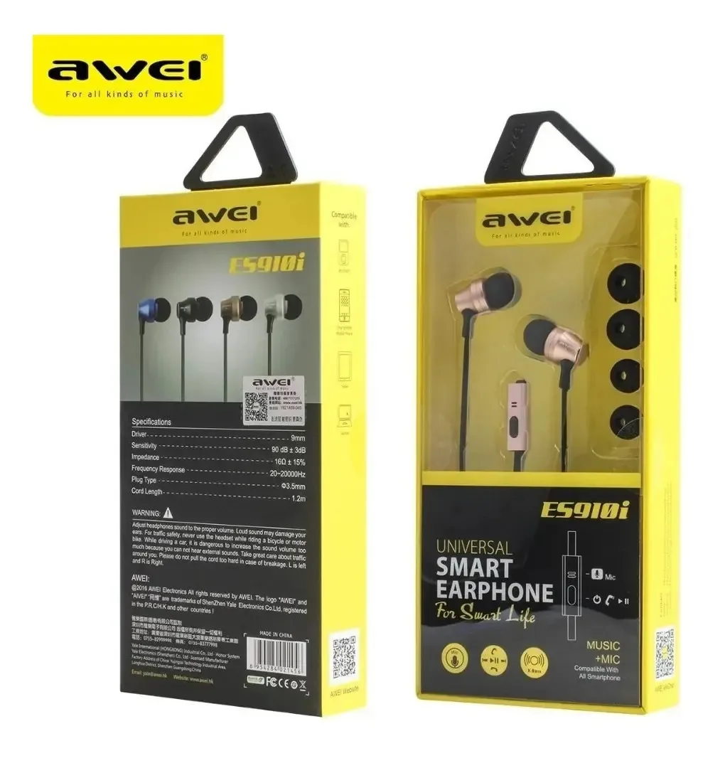 Fone De Ouvido Awei Es910i C/ Controle E Microfone Azul