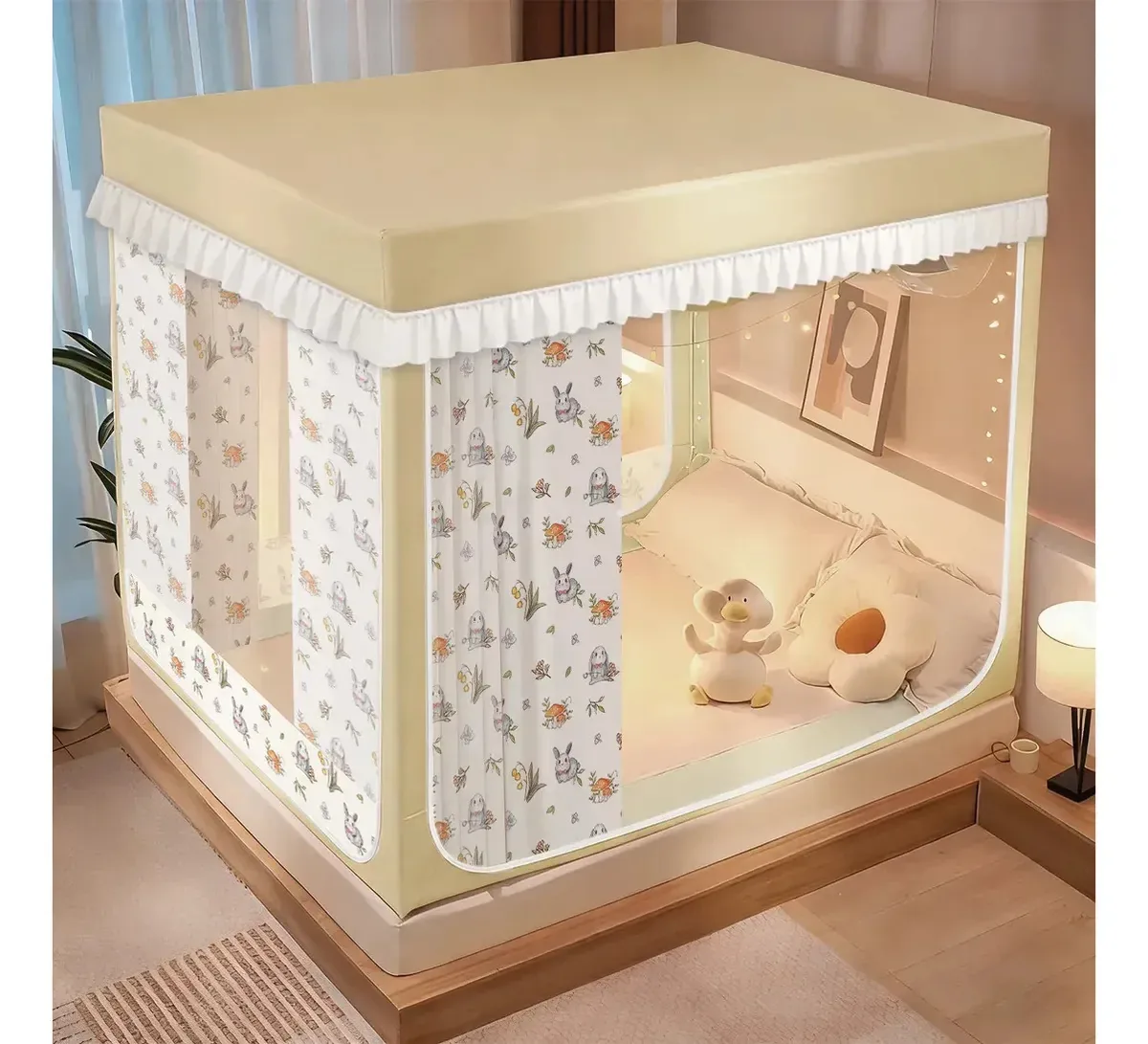 Mosquiteiro Cama Casal Quadrado Com Blackout Cortina Com Armacao |ohté 1.5*2.0m Cor Coelho No Jardim Bege Protege a Privacidade Zíperes Em Três Lados Estrutura Robusta