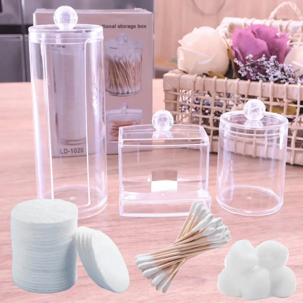 Kit Organizadores para Algodão e Cotonetes Micromax, Plástico com Tampa - 3 Unidades