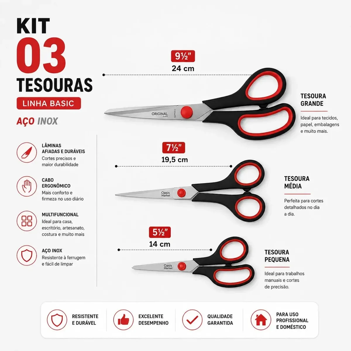 Kit 3 Tesouras Afiadas Aço Inox Multiuso Corte Costura Arte Preto