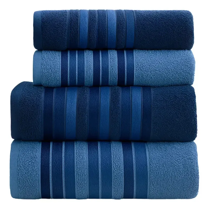 Jogo Toalhas Banho Gigante 4pç Algodão Absorventes Macias Cor Azul Claro Azul Escuro Listras