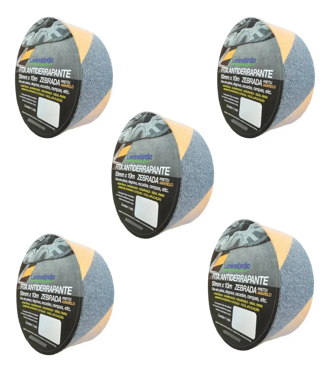 5 Fitas Antiderrapante Zebrada Lixa 50mm 10m Luminolândia Preto E Amarelo
