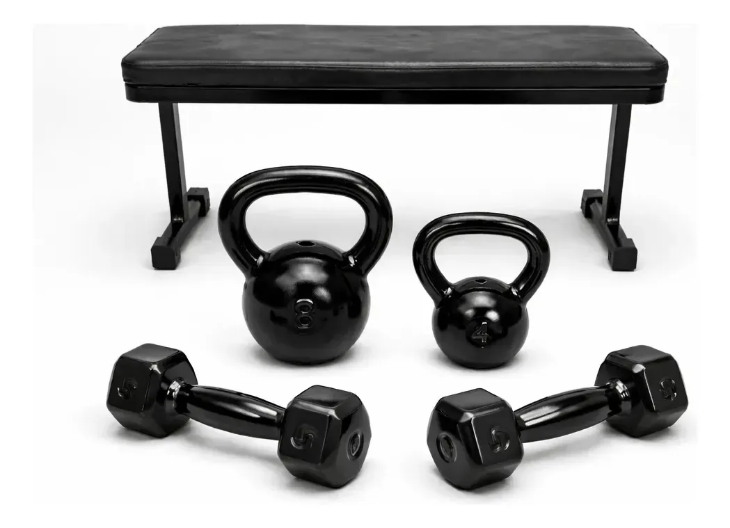 Kit Kettlebell 4kg E 8kg + Par Halteres 5kg + Banco Academia Musculação Profissional Treino Intensivo Fitness Gym Alta Durabilidade