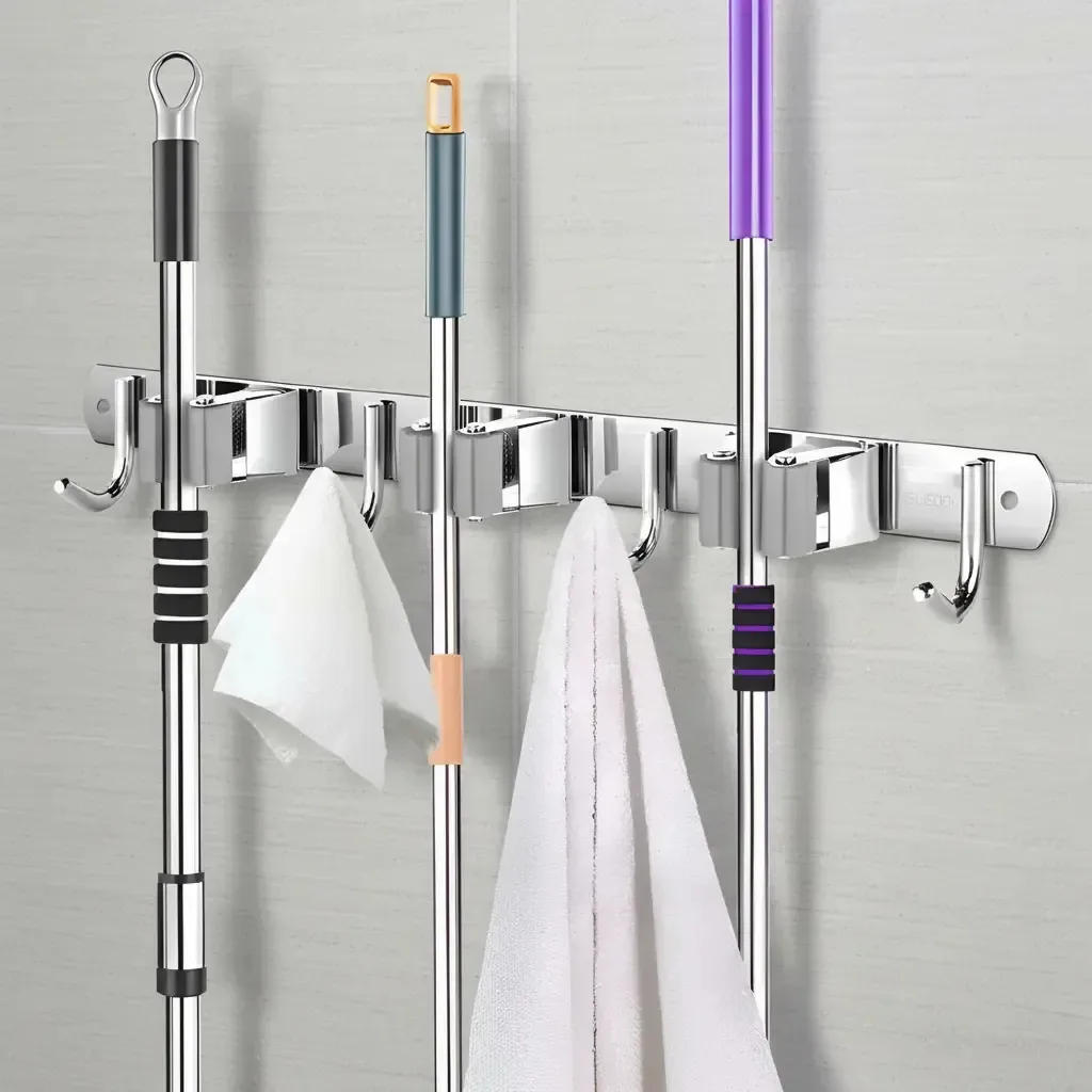 Suporte Organizador De Vassouras Rodos Inox 304 Parede 7 Pos Prateado
