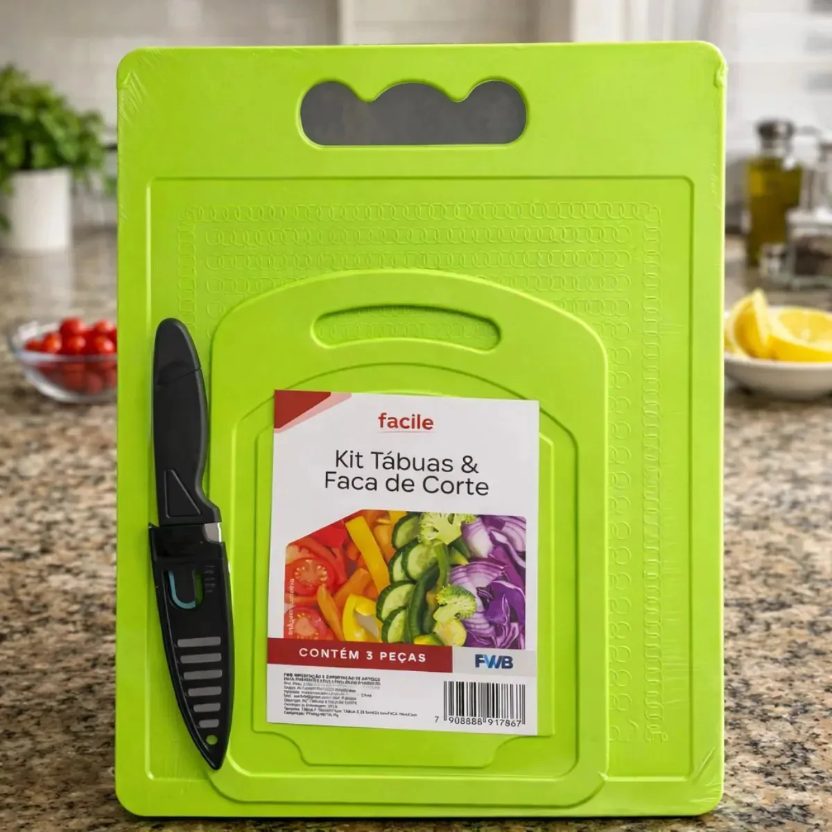 Kit 3 Peças 2 Tábuas + 1 Faca De Corte Cozinha Verde