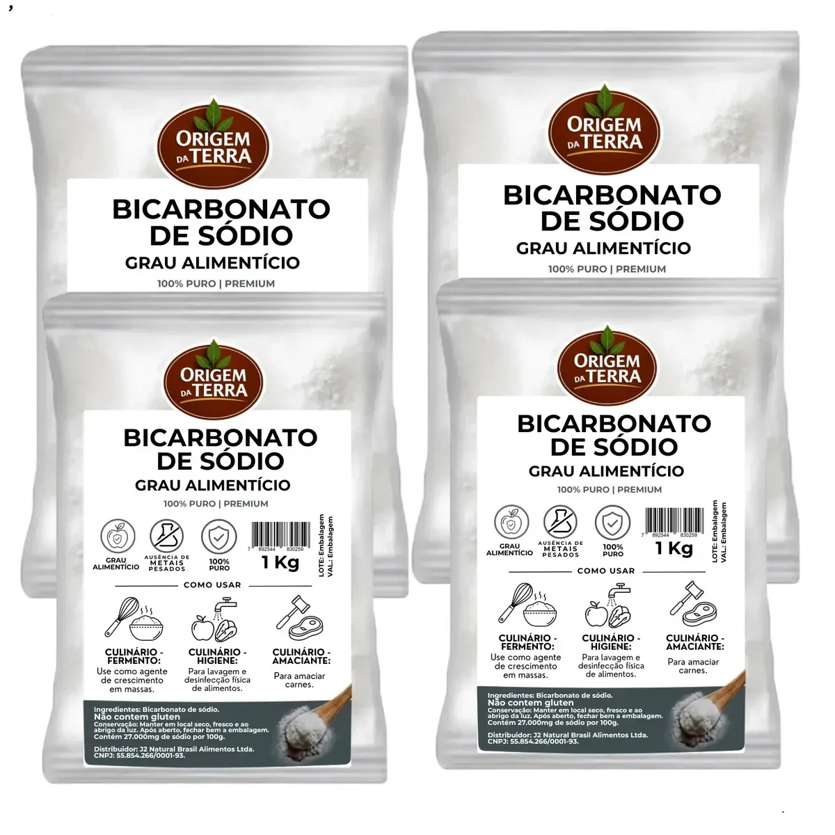 Bicarbonato Kg Origem Da Terra - 4 Unidades Bicarbonato De Sódio Grau Alimentar 1 Kg Cada