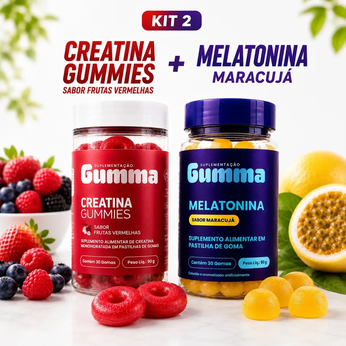 Kit Creatina e Melatonina Gumma em Goma de Frutas Vermelhas e Maracujá para Treino e