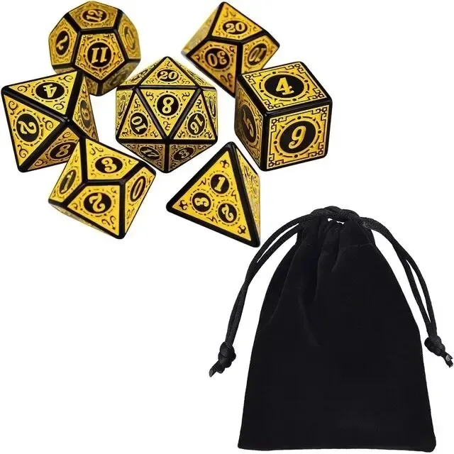 Conjunto De Dados Amarelo Rpg C/7 + Bolsa D&d Marcas Rúnicas Amarelo Runas