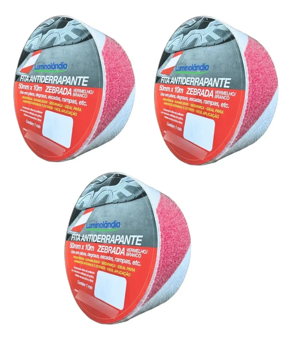 3 Fitas Antiderrapante Zebrada Lixa 50mm 10m Luminolândia Branco E Vermelho