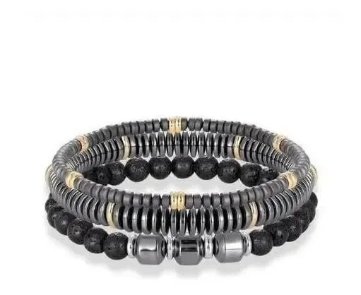 Conjunto Pulseiras Masculinas Em Pedras Hematita E Vulcânica