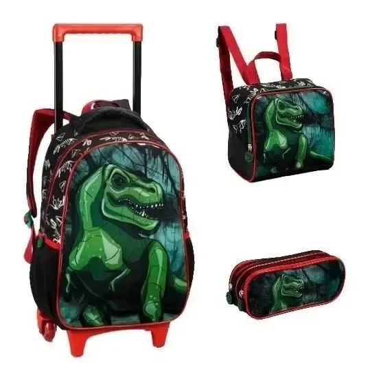 Kit Mochila Escolar Infantil Rodinhas Dinossauro Cor Preto