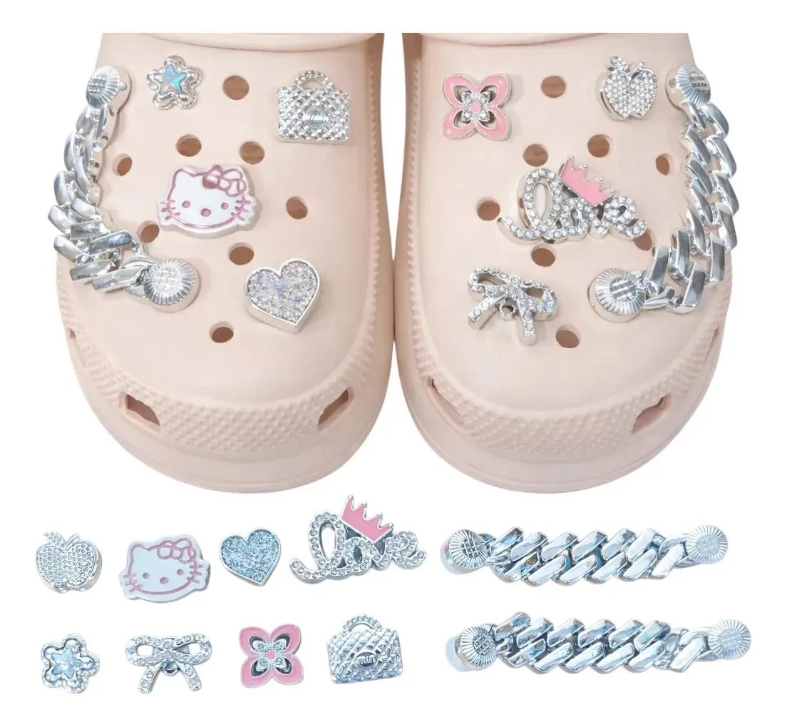 Kit 10 Pins Bottons Premium Criativos Corrente Brilhantes Prateado Hello Kitty Maçã