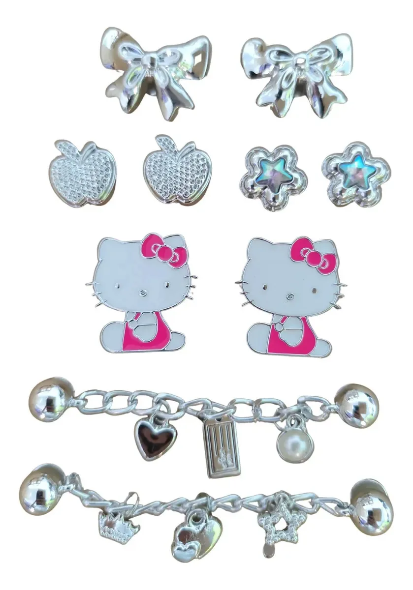 Kit 10 Pins Bottons Premium Criativos Corrente Brilhantes Prateado Hello Kitty Rosa