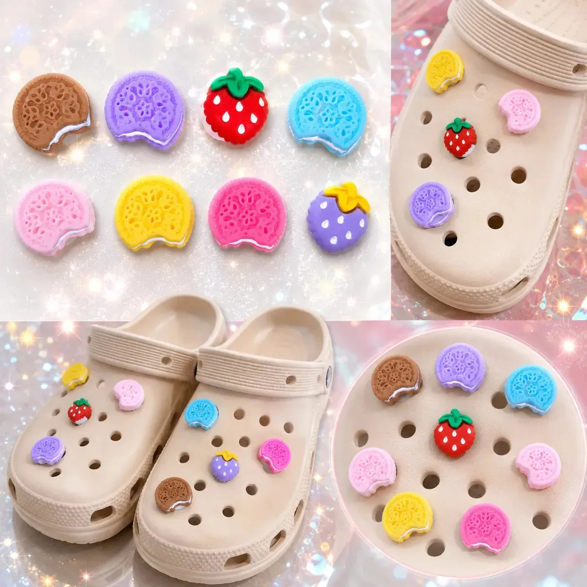 Kit Pins Bottons Para Calçados Lindos Doces Moda Charms Colorido Pastel Biscoitos Doces Morangos