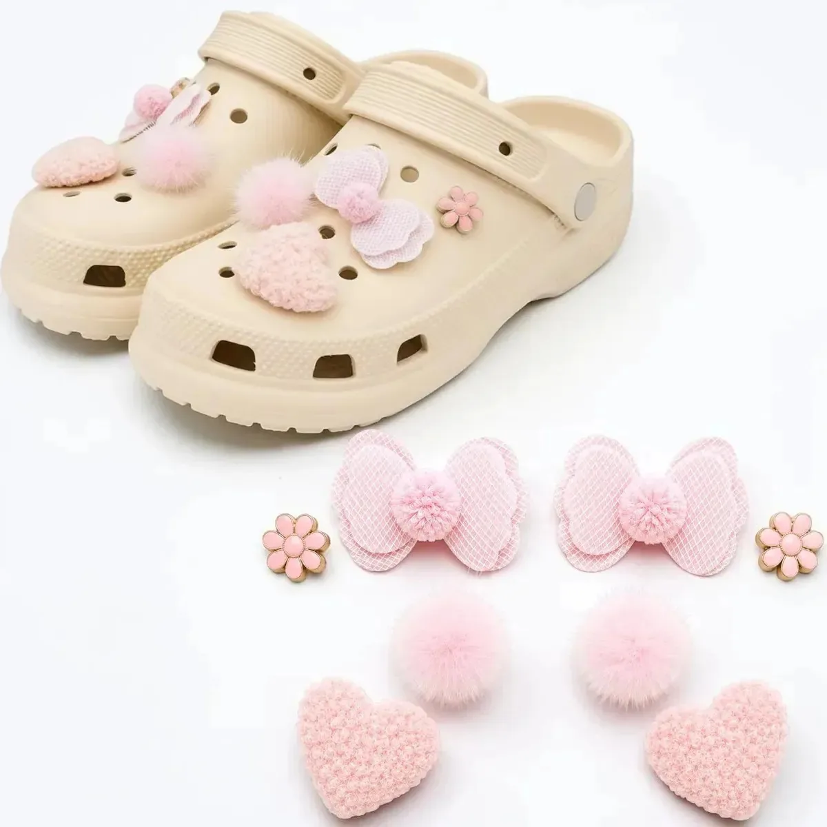 Pins Bottons Para Calçados Charms Rosa Moda Coração Pelúcia Rosa Coração Pompom