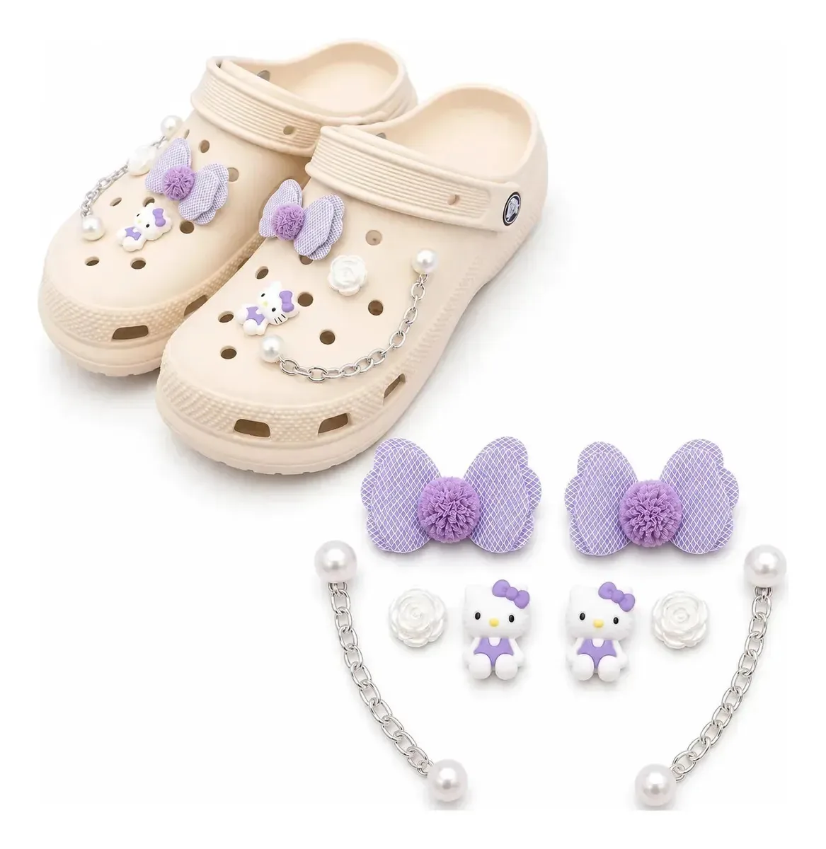 Pins Bottons Para Calçado Roxo Hello Kitty Corrente Prata Lilás/roxo Hello Kitty Laço Roxo