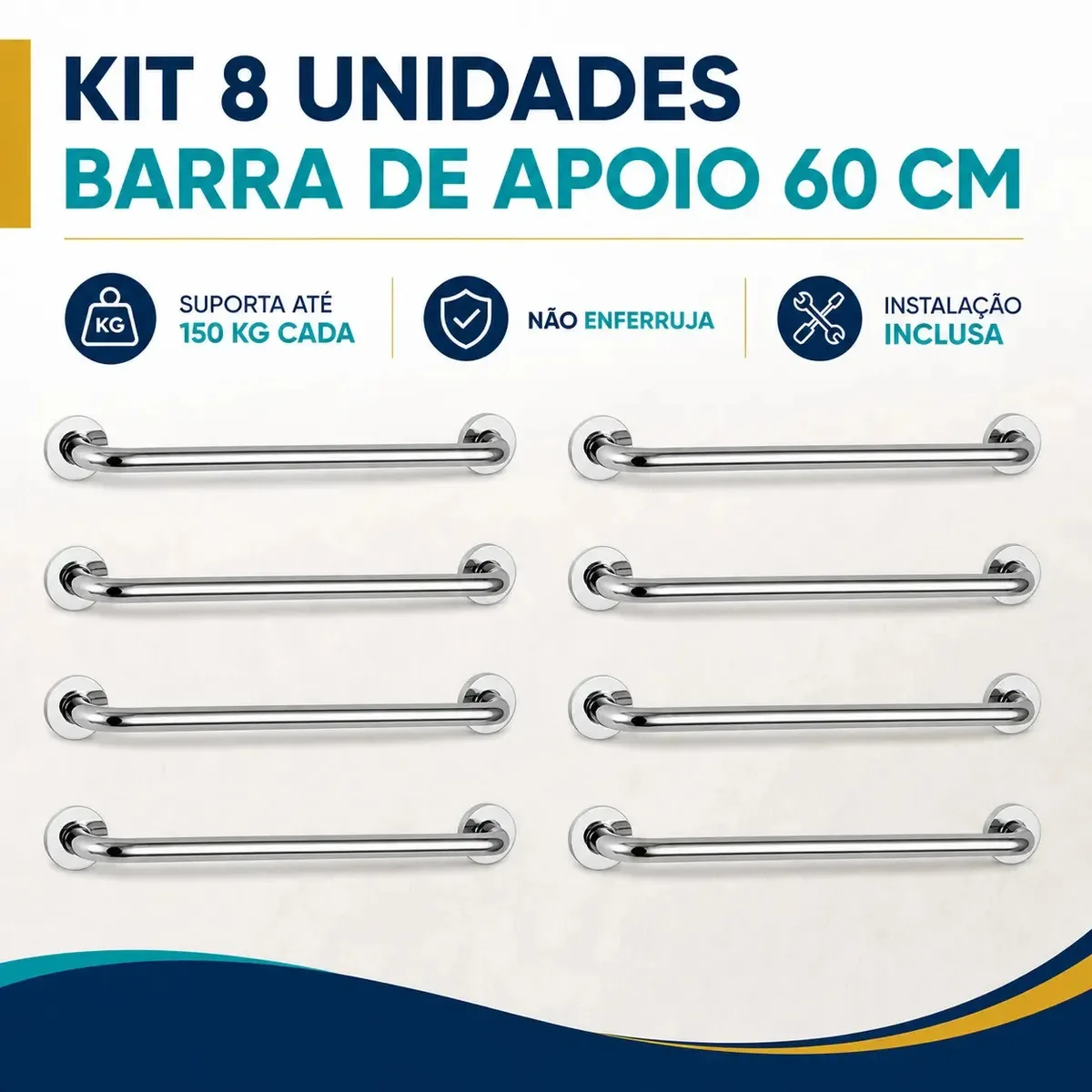 Kit 8 Barra De Apoio Acessibilidade Para Idoso Deficiente Em Aço Inoxidável Alça 60cm
