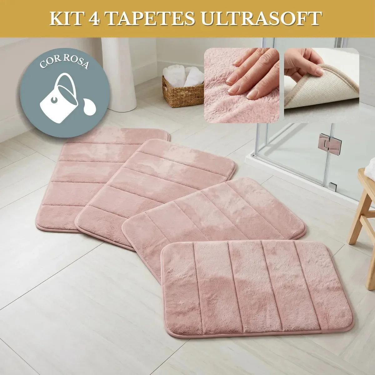 Kit 4 Tapetes Para Banheiro Ultrasoft Macio Super Soft Antiderrapante Absorvente Luxo Premium Cor Rosa