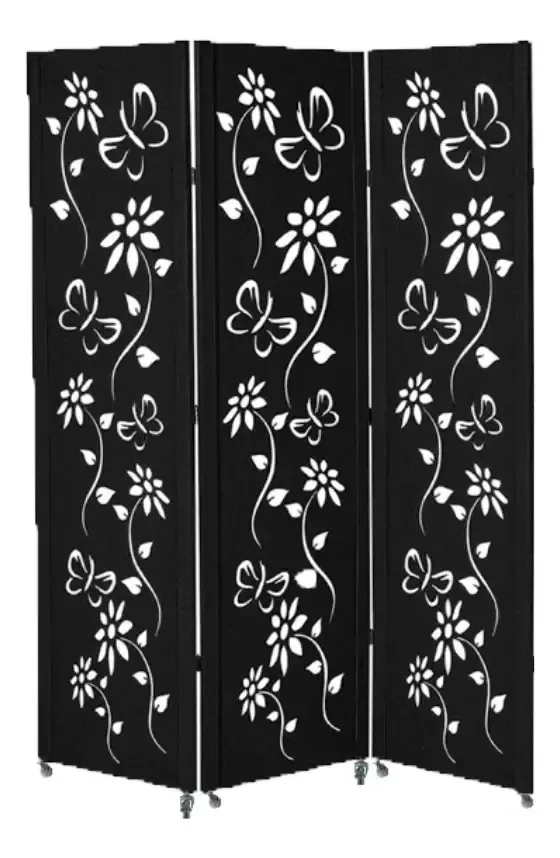 3 Biombo Divisor Ambiente Pintado Branco Preto Rodinha Nc Cor Preto. Floral