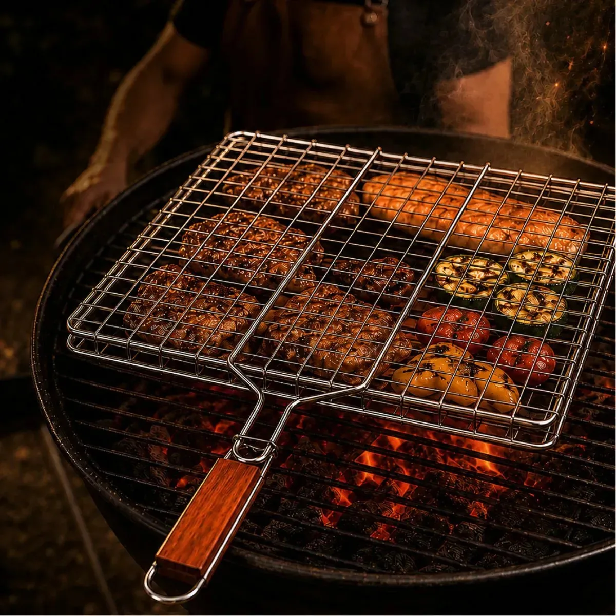 Grelha Dupla Inox Abre E Fecha Para Churrasco Cabo Madeira