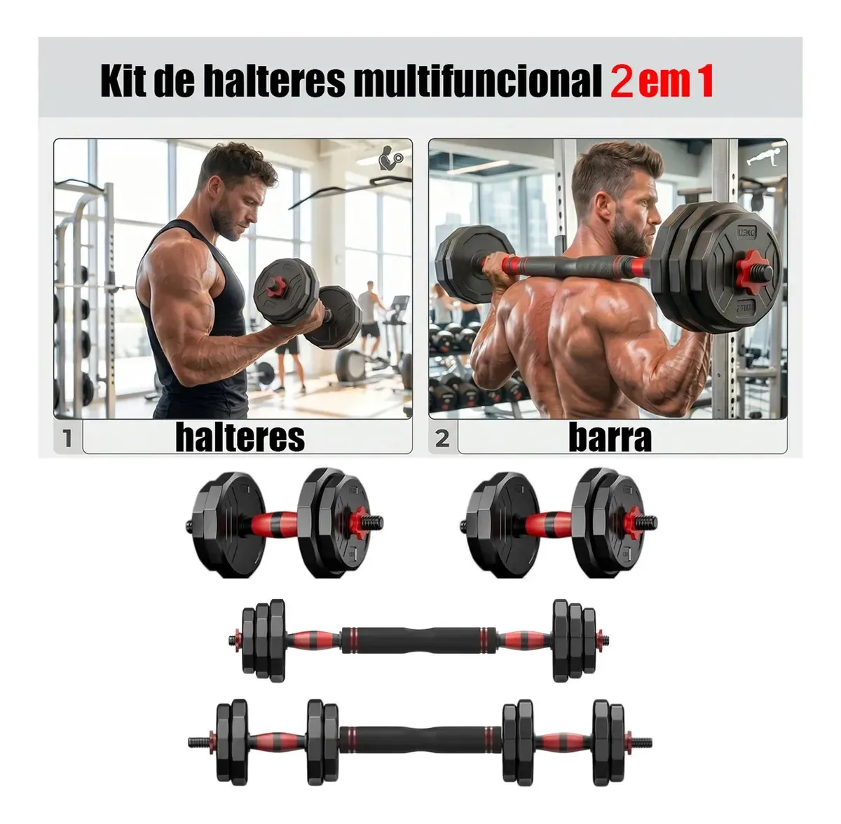 Kit Halteres Ajustáveis 15kg Barra Anilhas Treino Academia Preto