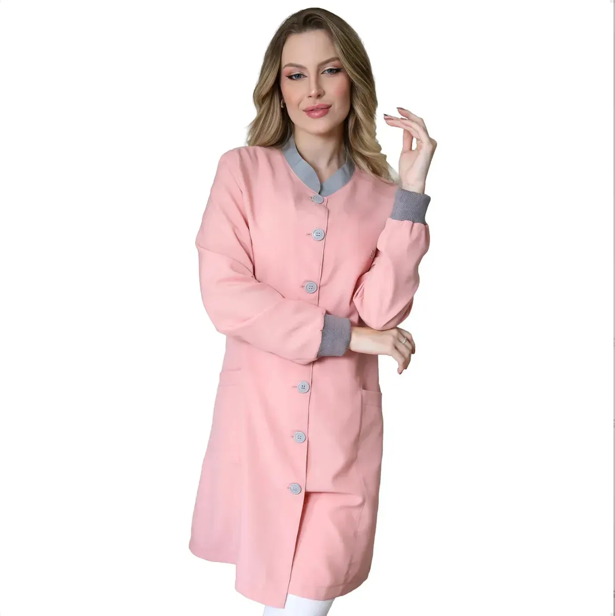 Jaleco Feminino Manga Longa Hospitalar Cirúrgico Enfermagem Profissional Acinturado Médico Medicina Manu Rose com Cinza Tamanho P