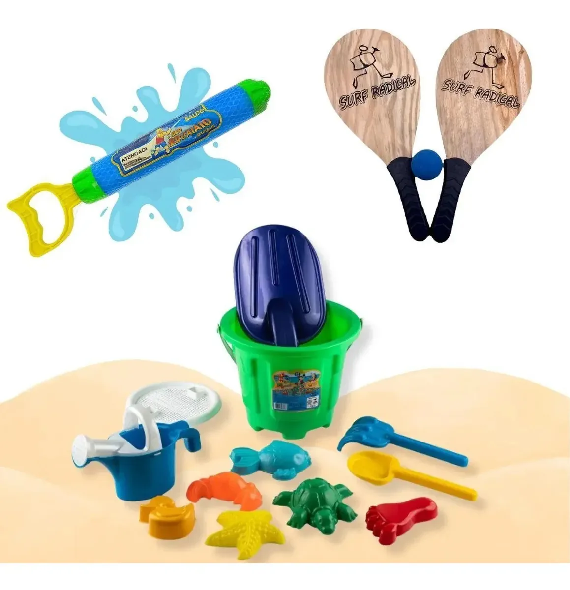 Kit Brinquedo De Praia Com Balde Rb06 Lança Água E Raquete