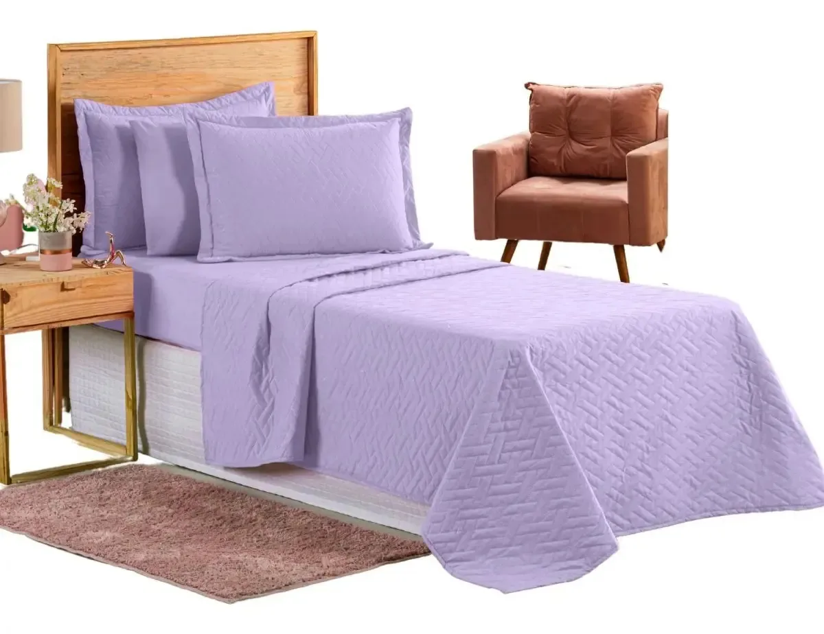 Colcha Cobre Leito Jogo Roupa Cama Solteiro Matelado Simples Cor Lilás Lisa