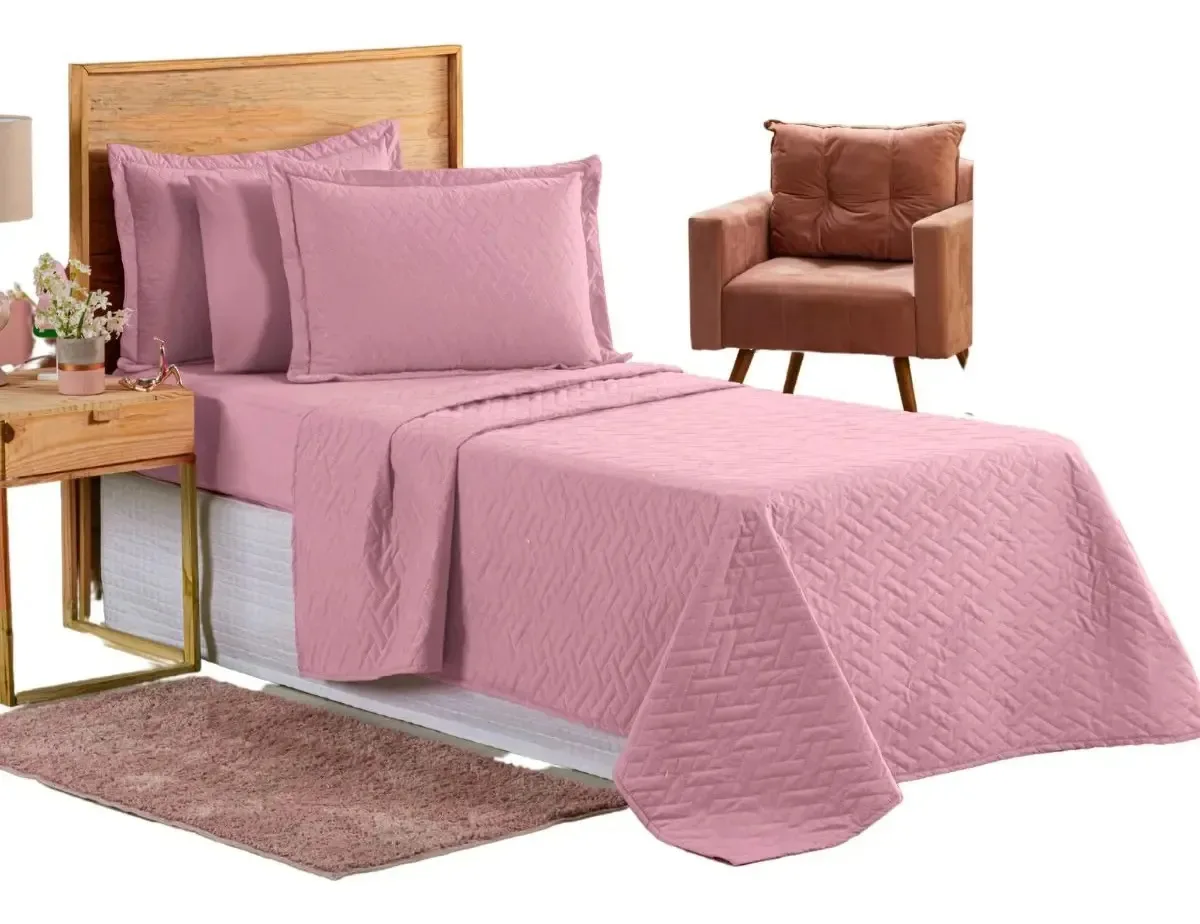 Colcha Cobre Leito Jogo Roupa Cama Solteiro Matelado Simples Cor Rosa Lisa