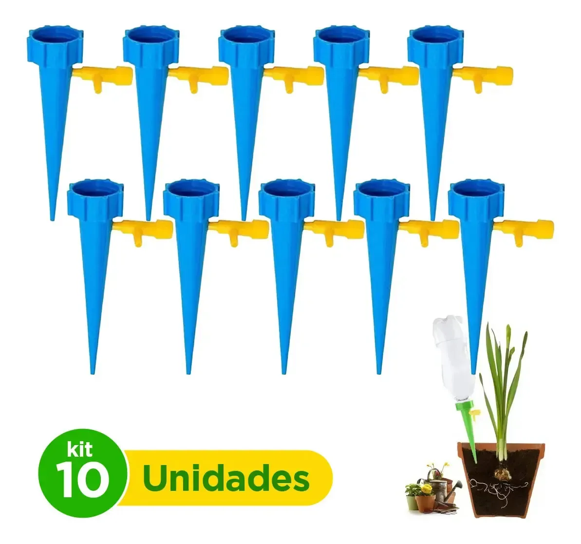 Kit 10 Pcs Gotejador Irrigador Acoplável Garrafa Pet Planta Azul E Amarelo