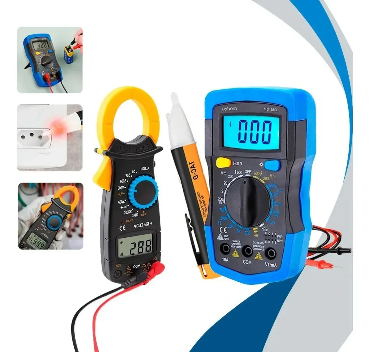 Kit Multímetro Digital + Alicate Amperímetro + Caneta Detectora Tensão Ncv Profissional B Basto Voltímetro Amperímetro Teste Elétrico