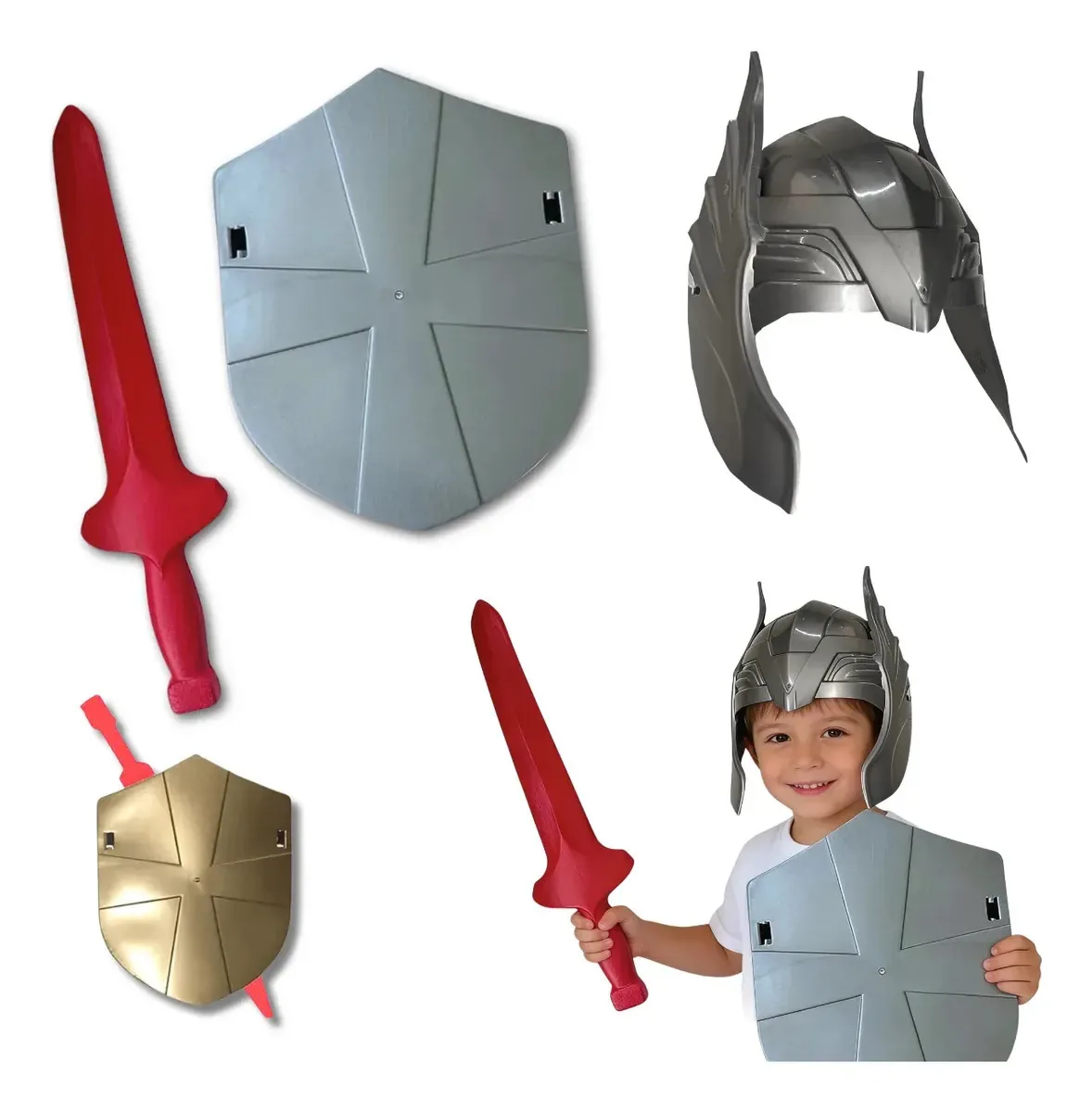 Escudo Espada Medieval Mascara Guerreiro Brinquedo Fantasia Cinza