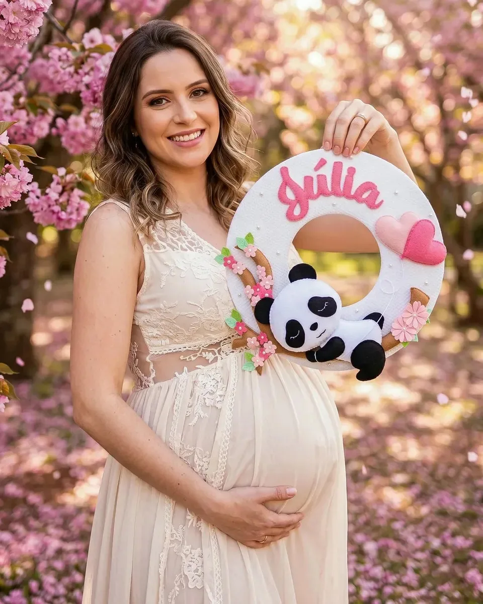 Porta Maternidade Panda Em Feltro Personalizado Com Nome Rosa