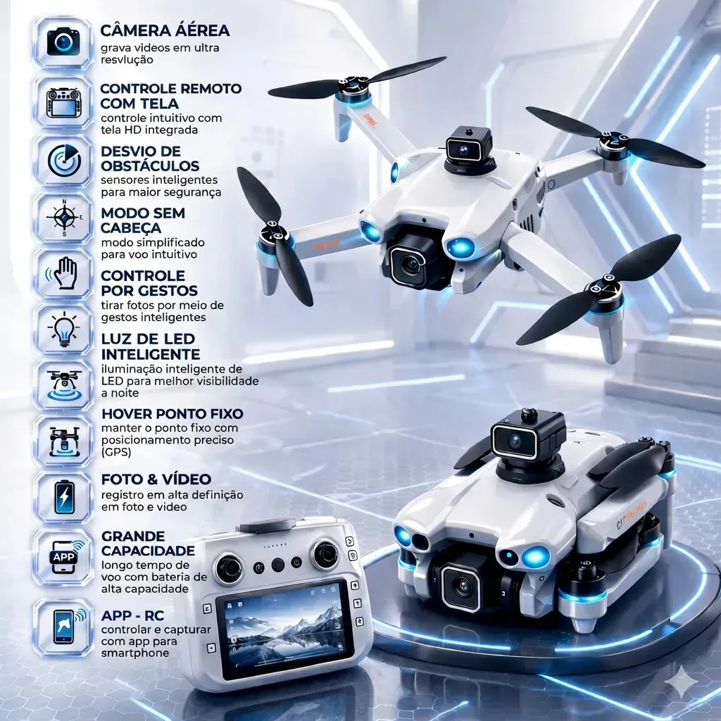 Drone Mini Pro Ae5 Pro Câmera 4k 2 Baterias E Gps Com Acessórios Assistente De Pouso E Sensor De Obstáculos Com Maleta De Transporte Marca Popsy