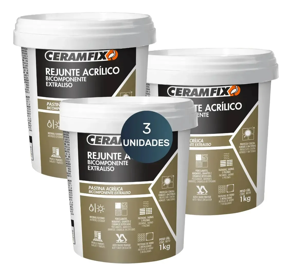 Rejunte Acrilico Ceramfix 1kg - Cinza Classico - Kit 3un