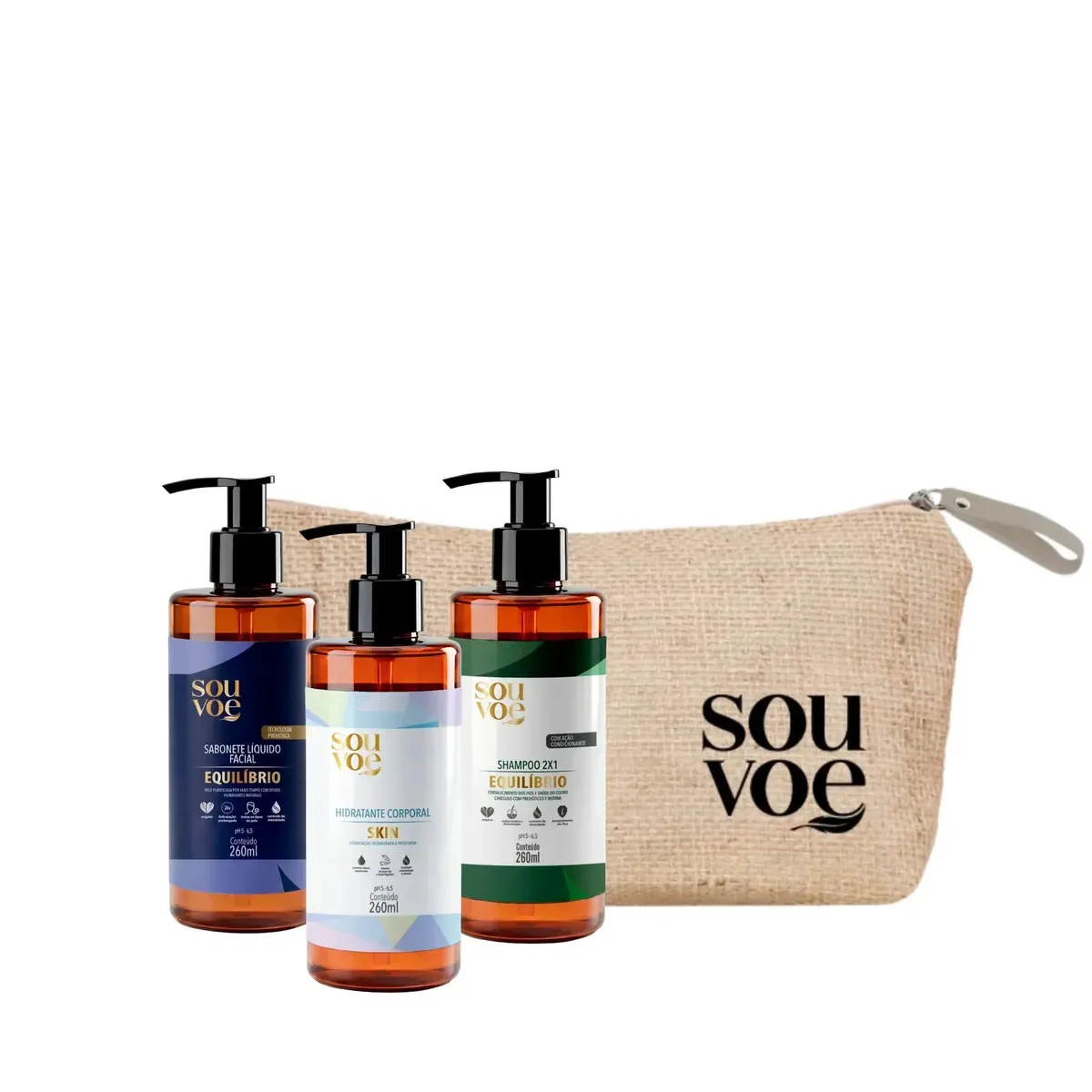 Kit: Cuidado Completo Corpo, Rosto e Cabelo + Necessaire - Sabonete Liquido Facial Shampoo 2x1 Equilíbrio Hidratante Corporal Skin Necessaire Sou Voe