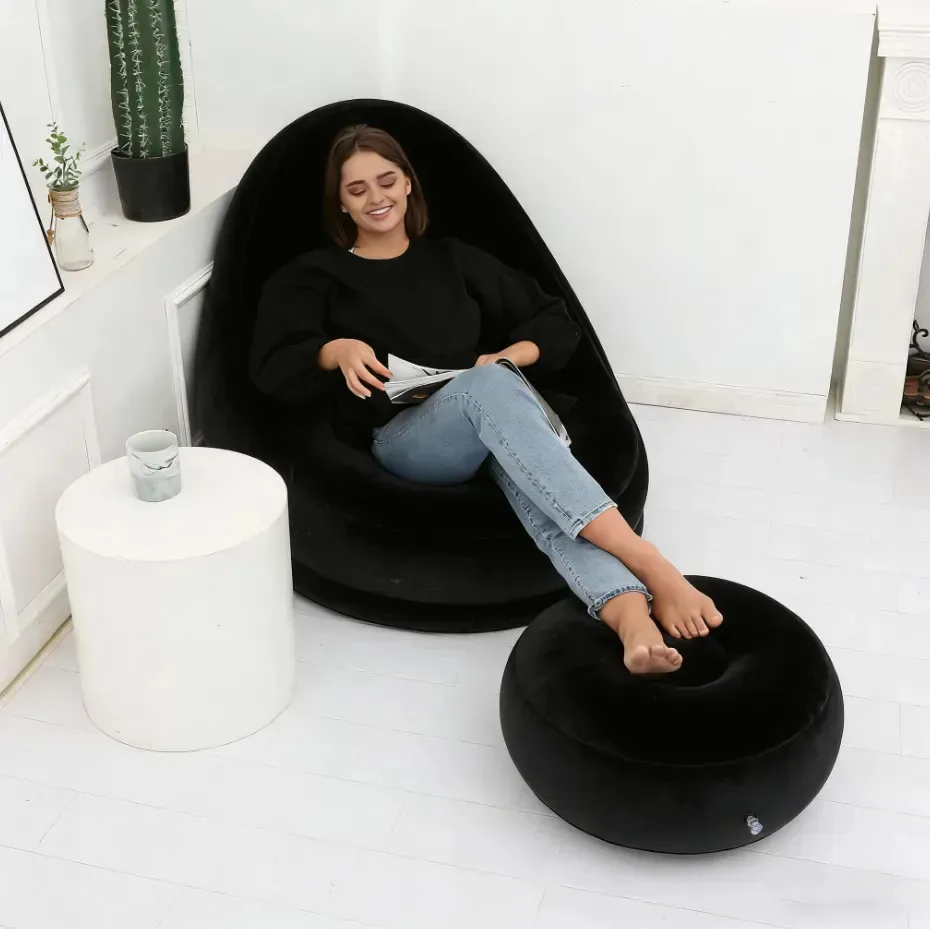 Poltrona Inflável Ultra Lounge Com Pufe Sofá Preguiçoso Cor Preto