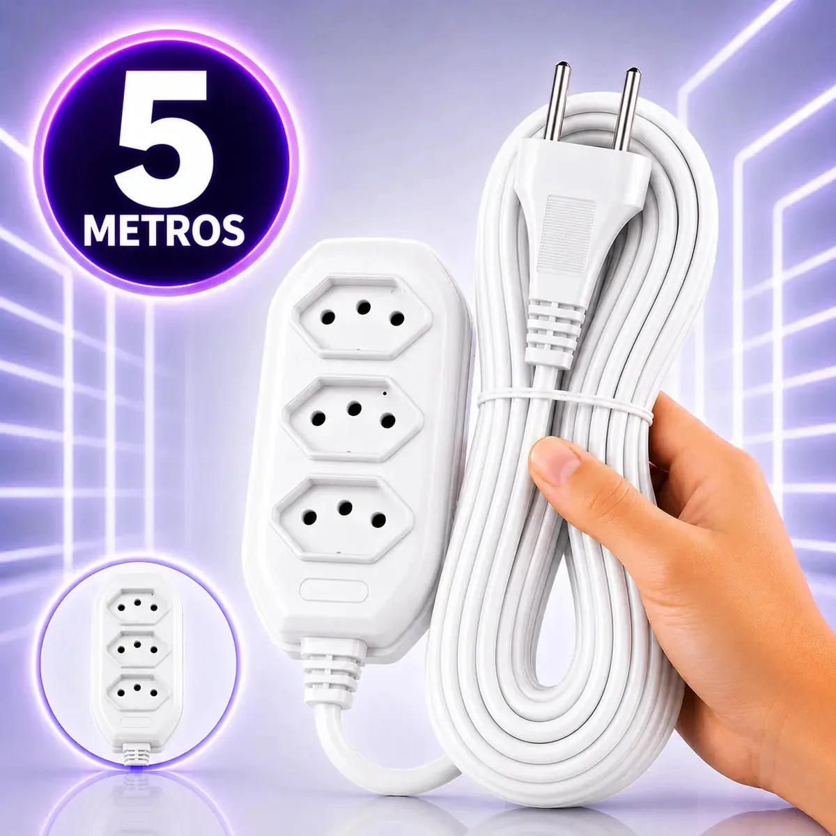 Extensão Elétrica 5 Metros Branca 3 Tomada Tripolar Bivolt 20vinte