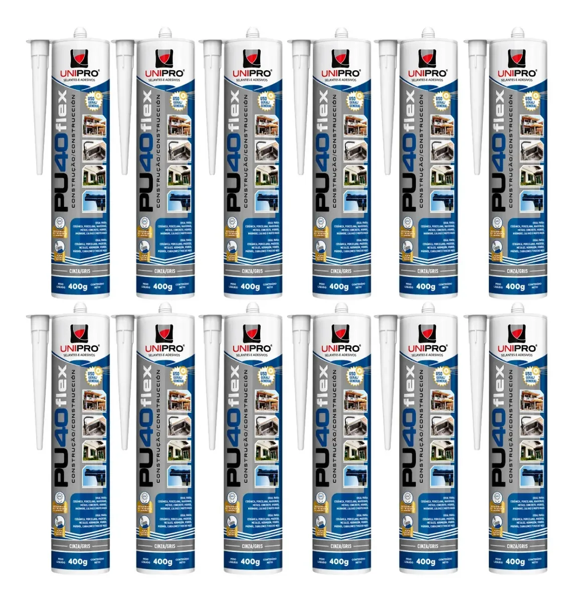 Kit 12 Adesivo De Construção Pu 40 Profissional 400g Cinza