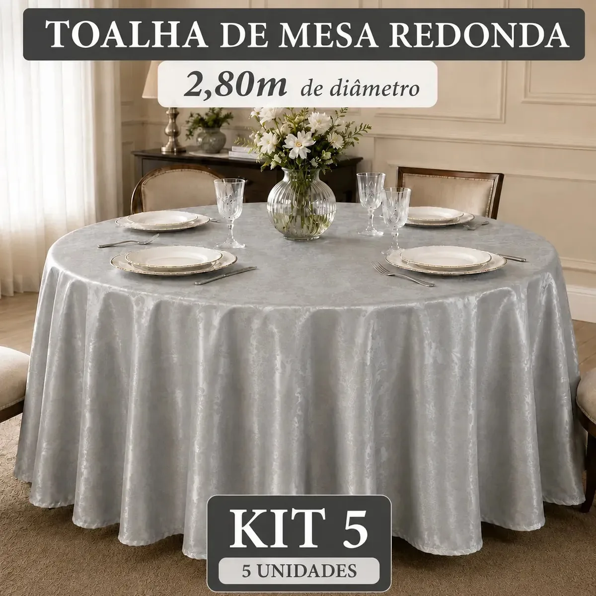 Kit 5 Toalhas de Mesa Redondas Jacquard Prata para Festa e Restaurante