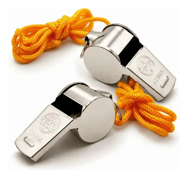 2 Apitos Juiz Futebol Profissional Metal Prateado Com Cordão Prateado