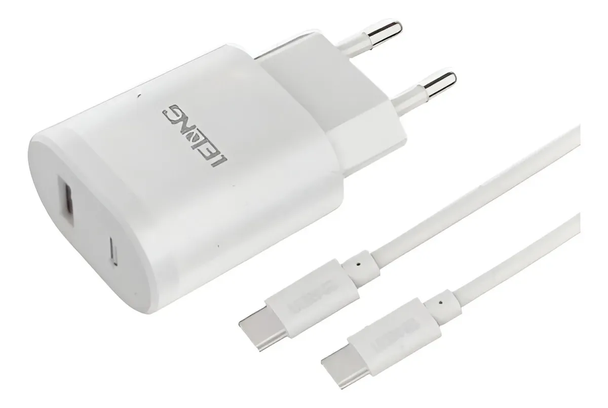 Carregador de Parede Lelong Rápido com Cabo USB-C e Duas Saídas