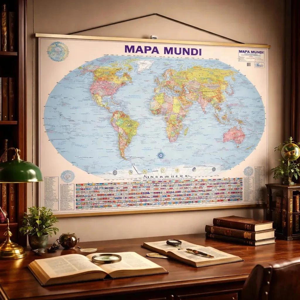 Banner Mapa Mundi Planisfério Globo Geográfico Politico Ibge Multicolor Madeira Clara