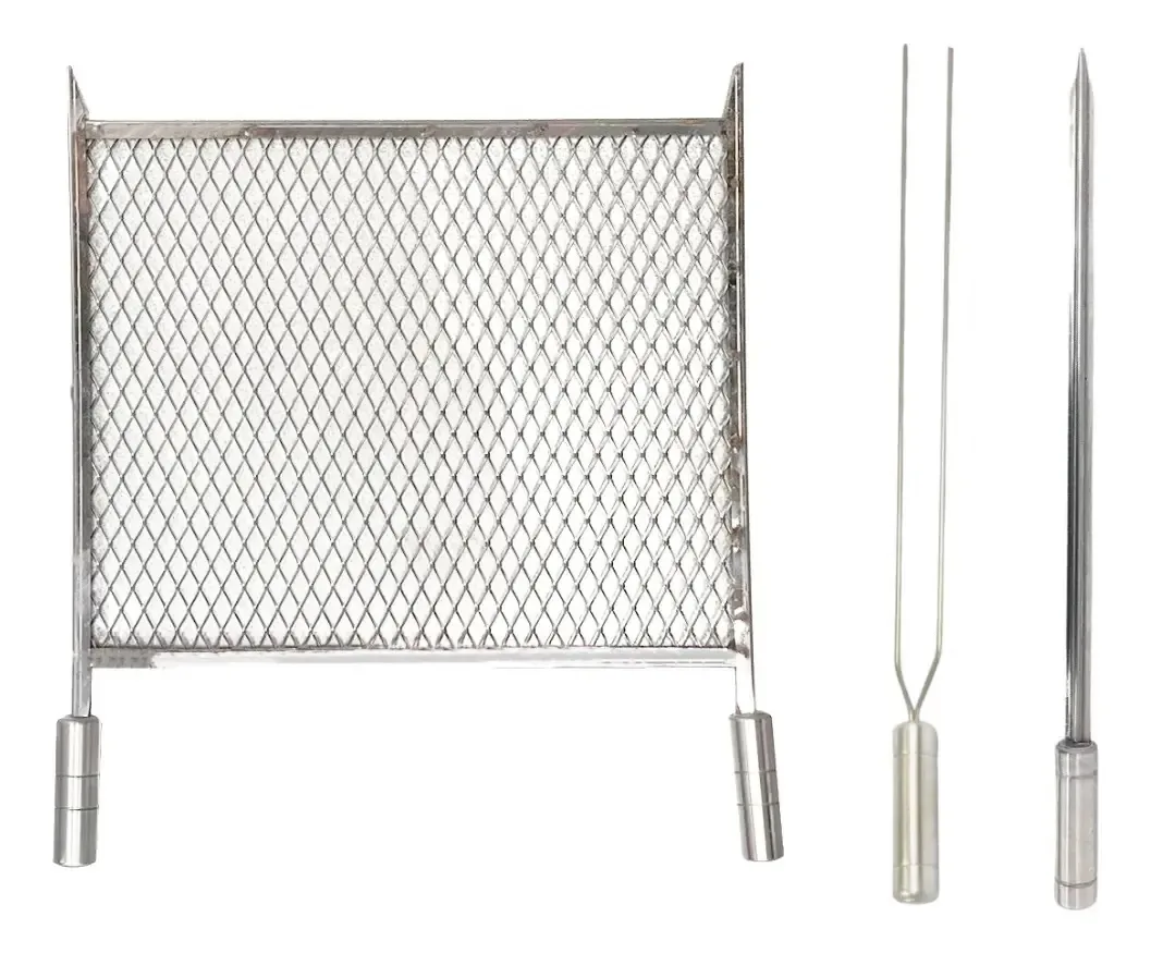 Kit Grelha Expandida Inox 40x50 Espetos Duplo E Espada 50cm